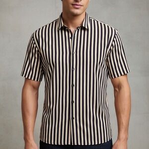 Mennace Mens Black Tan Striped Short Sleeve Button Up Shirt Large WAMW409096